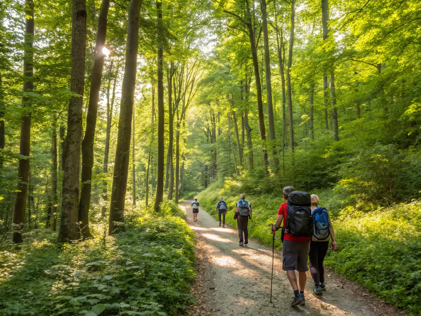 A scenic photograph capturing a group of participants actively engaged in a guided hiking tour through a lush, green forest, highlighting the natural beauty of the ROUTE HAUTE MARCHE BASSE LISSE.