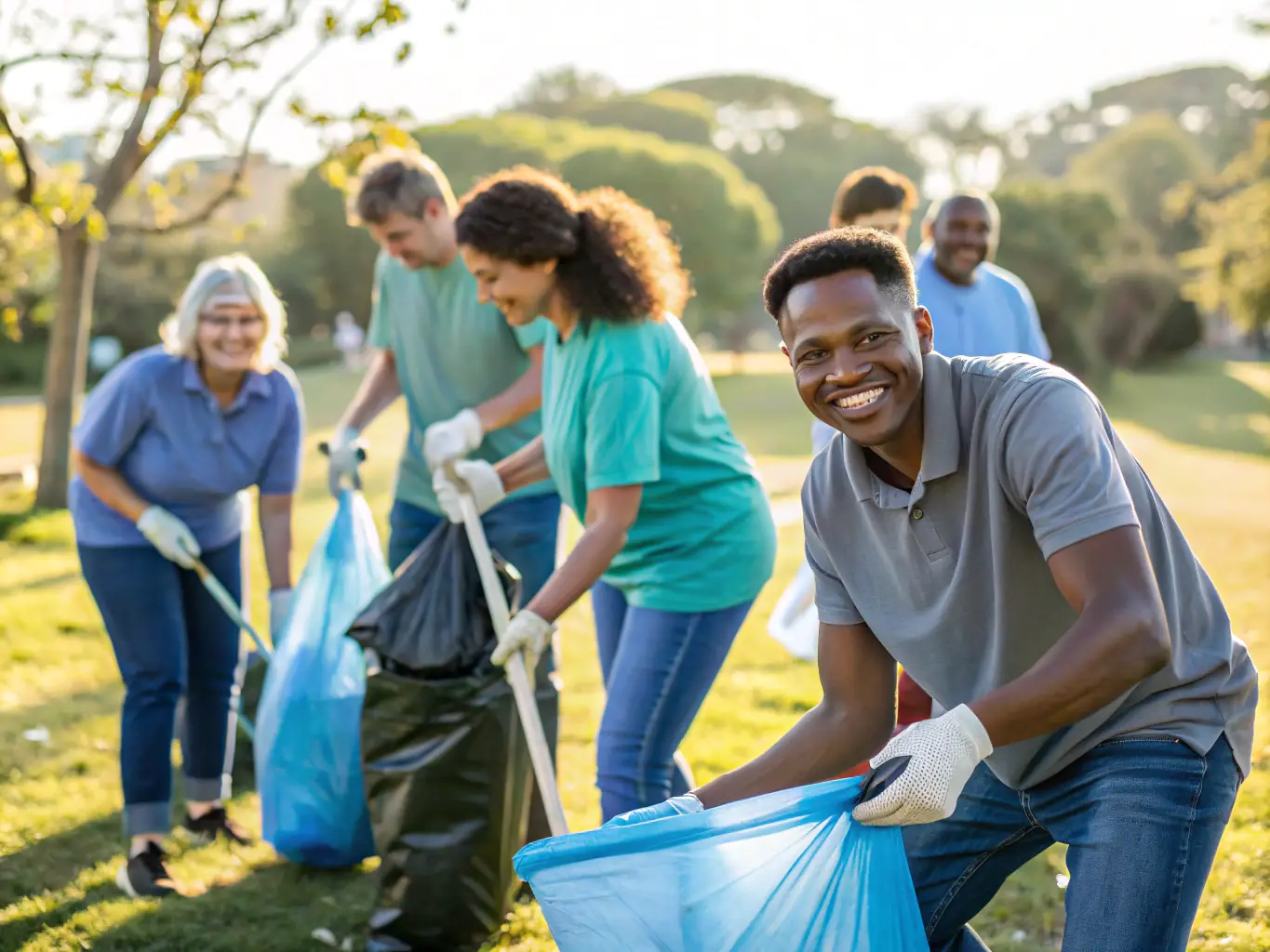 A group of volunteers cleaning a section of the ROUTE HAUTE MARCHE BASSE LISSE, focusing on environmental conservation.