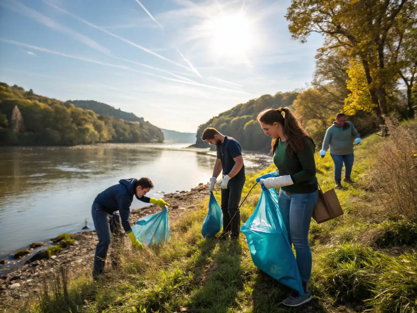 A photograph depicting volunteers participating in a community cleanup event along a section of the ROUTE HAUTE MARCHE BASSE LISSE, showcasing the organization's commitment to environmental preservation.