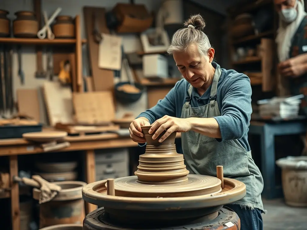 A photograph showcasing a local artisan demonstrating a traditional craft to a group of interested participants, emphasizing the cultural heritage aspect of ROUTE HAUTE MARCHE BASSE LISSE.
