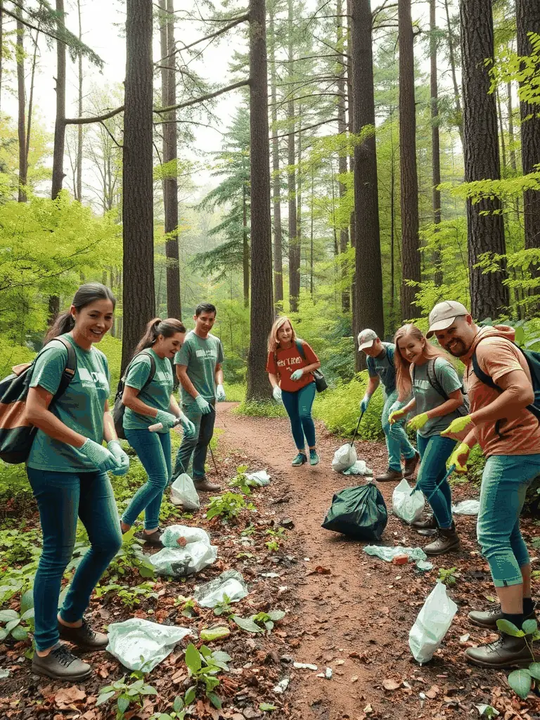 A photograph capturing a group of volunteers clearing a section of the ROUTE HAUTE MARCHE BASSE LISSE trail, showcasing their dedication to preserving the natural environment.