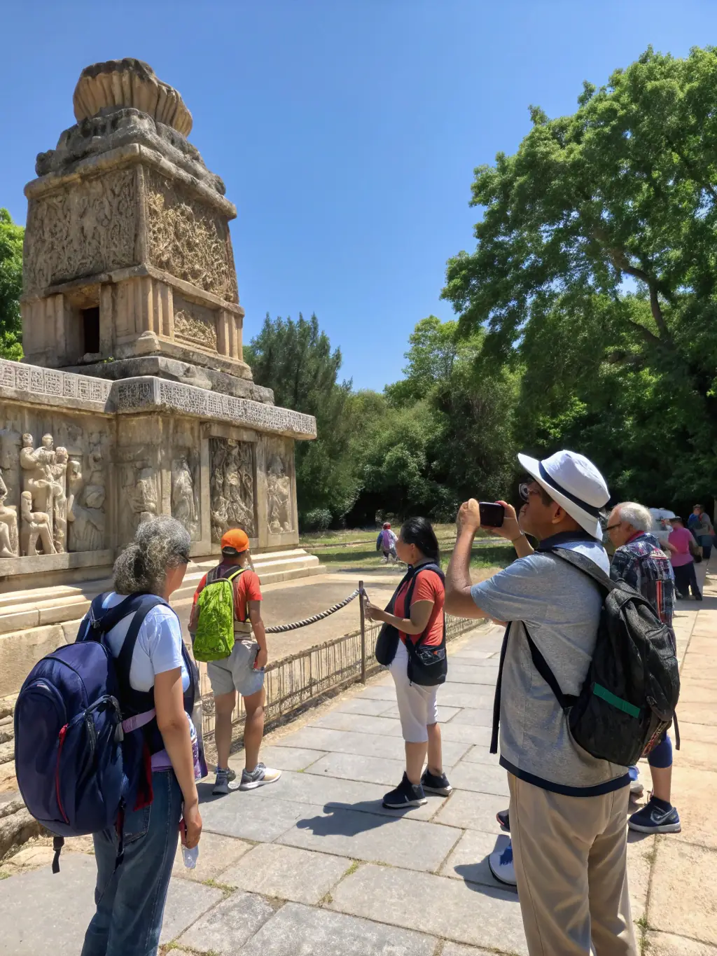 A photograph of a guided tour group exploring a historical landmark along the ROUTE HAUTE MARCHE BASSE LISSE, with a knowledgeable guide pointing out key features.